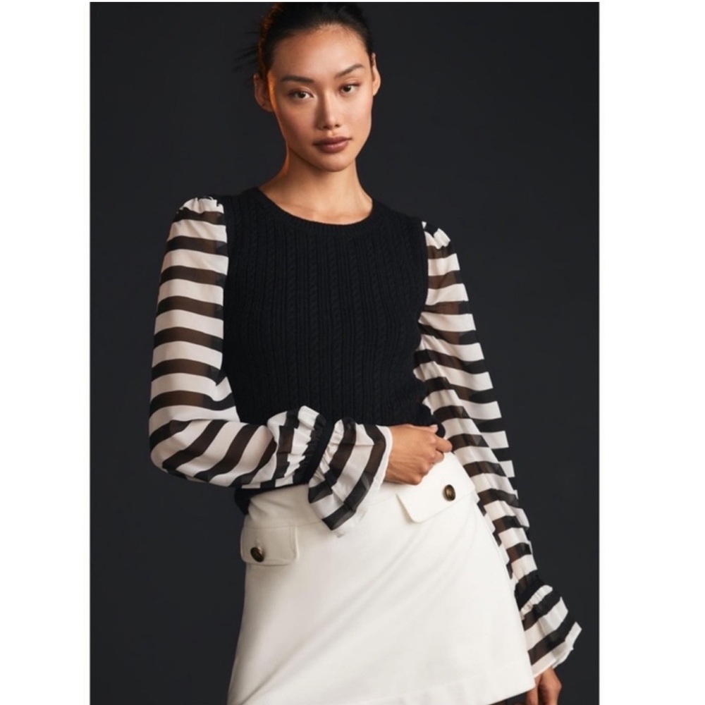 ANTHROPOLOGIE Maeve Black and White Cable Knit Contrast Sweater‎ Size XS
